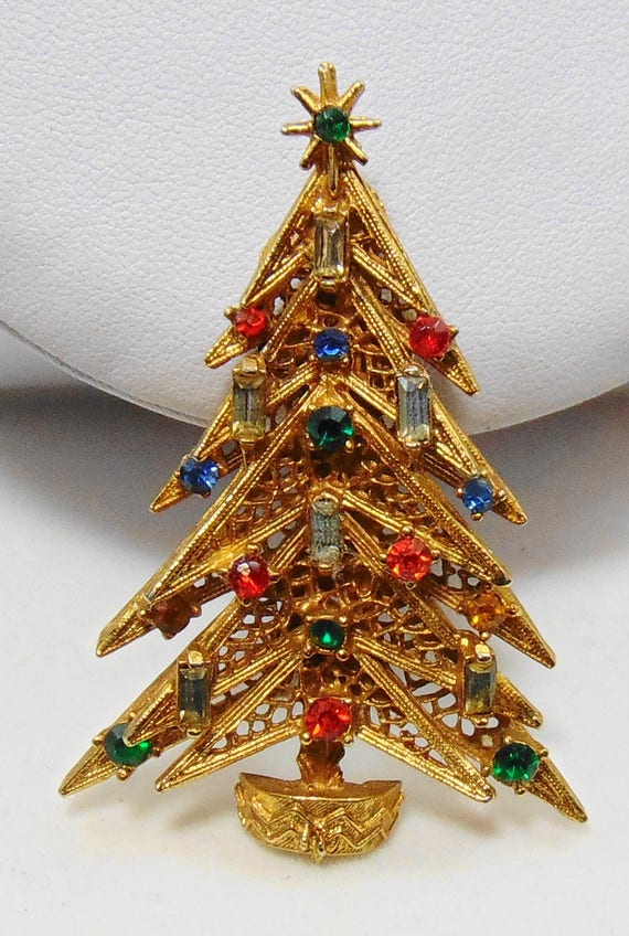 Vintage signed ART Candle Christmas Tree Brooch Pin Gem