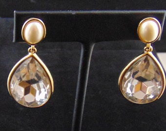 Vintage Signed Trifari TM Faux Pearl Cab Cabochon and Pear Shaped Rhinestone Dangle Pierced Earrings