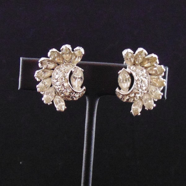 Vintage Signed Hollycraft Clear Rhinestone Clip Earrings with Pave Crescent Motif