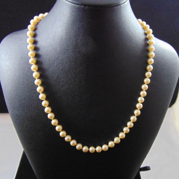 Vintage Signed Les Bernard Single Strand Cream Hand-Knotted Glass Pearl Necklace