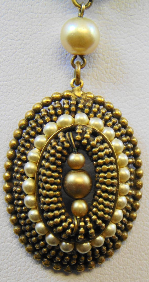 Victorian Revival Glass Pearl Brass Pendant Neckla