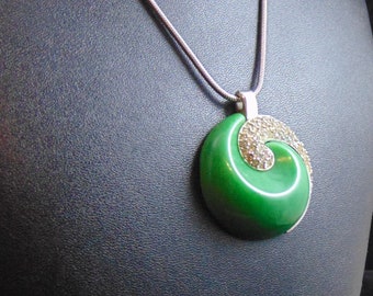 Vintage Signed Crown Trifari © Green Thermoplastic Pendant Necklace with Clear Pave Swirl