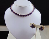 Vintage Signed Weiss Purple Octagonal Rhinestone Adjustable Choker Necklace and Clip Earrings Set Amethyst Cardinal