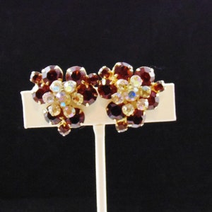 Vintage DeLizza and Elster D&E Juliana Smoked Topaz and Aurora Borealis AB Floral Cluster Rhinestone Earrings