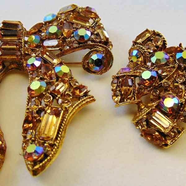 Vintage Signed Thelma Deutsch Large Bow Brooch Pin and Clip Earrings Set