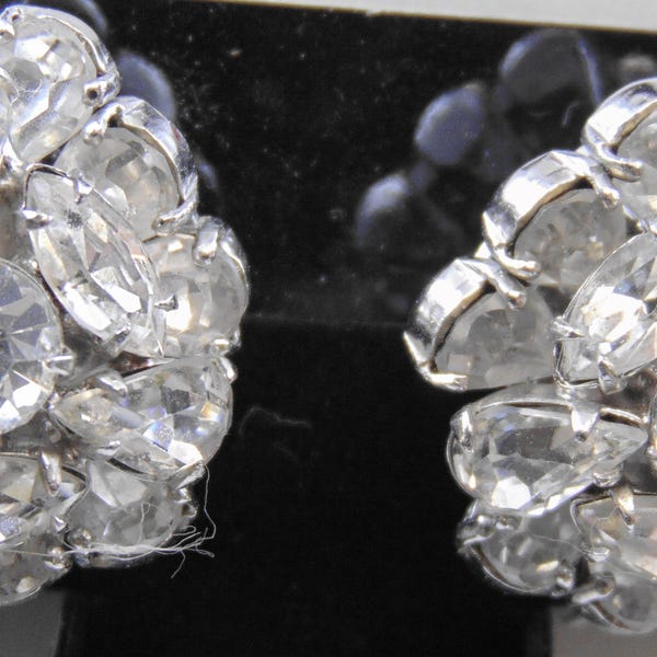 Vintage Signed Vogue Layered Clear Rhinestone Clip Earrings in Silvertone