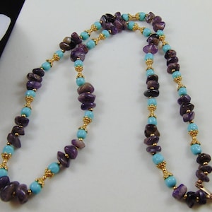 Vintage Signed Dauplaise Long Single Strand Necklace in Aqua Turquoise  and Amethyst Beads