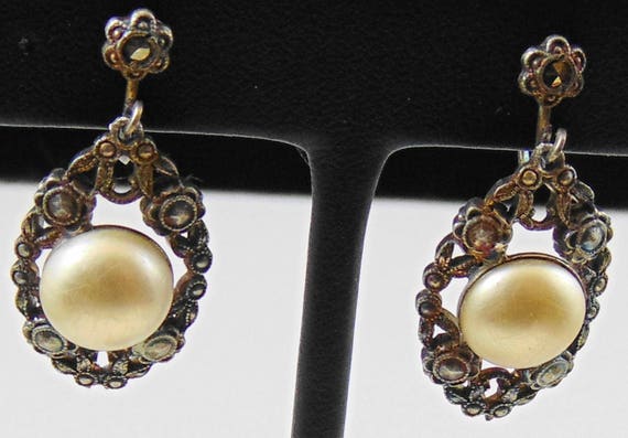 Victorian Revival Faux Pearl Marcasite Dangling E… - image 1