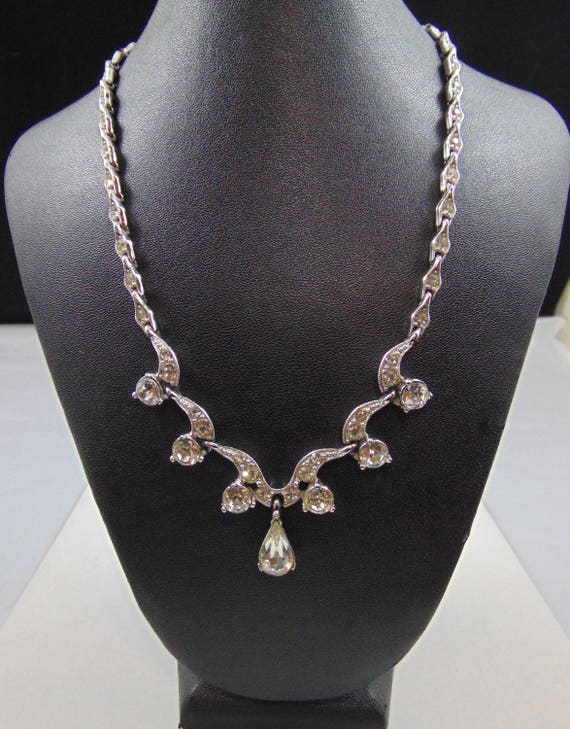 Vintage Signed Bogoff Scalloped Clear Rhinestone … - image 1