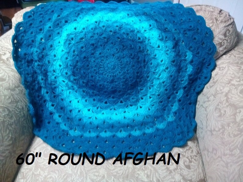 Yarn Blanket, Hand Made Throw, Circular Shells Afghan Teal Throw Listed