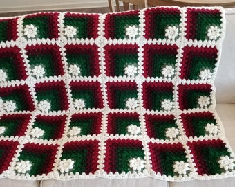 White Roses of Christmas Afghan, 60x50 Warm and Cozy Winter Crochet Blanket