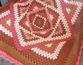 52"x 52" Crocheted Blanket, "Square In A Square Afghan in Oranges"