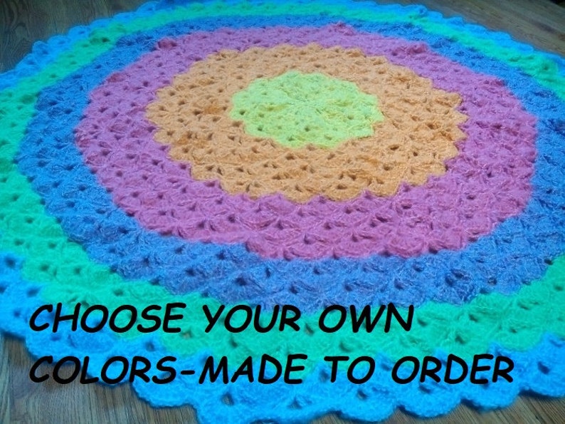 Yarn Blanket, Hand Made Throw, Circular Shells Afghan Your Colors and Size