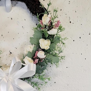 Wedding wreath with veil and flowers for front door, bridal flowers in white and pink for grapevine wreath for bridal shower, white wedding