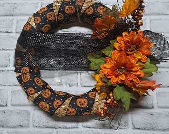 Halloween straw wreath with black and orange pumpkin ribbon for front door, 14 inch fall orange sunflower wreath with black mesh