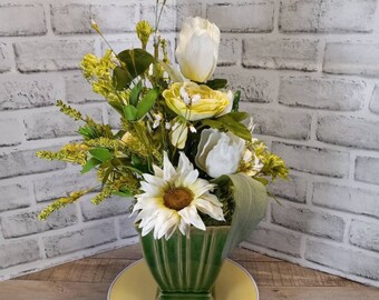 White tulip flower arrangement, sunflower floral centerpiece in green ceramic square vase, St Patrick green rose table arrangement