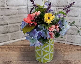 Spring mixed flower arrangement for table, spring flowers in green vase, medium sized spring flowers centerpiece, Mothers Day flower gift