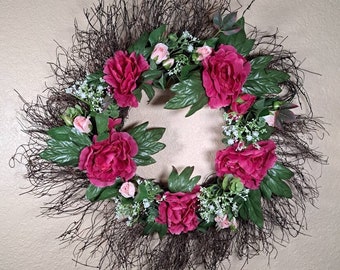 Peony wreath for front door, brown spiral wreath with pink peonies, round brown twig wreath with pink flowers