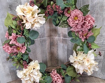 Pink and white floral grapevine wreath for front door, white hydrangea wreath, pink carnations and zinnia wreath