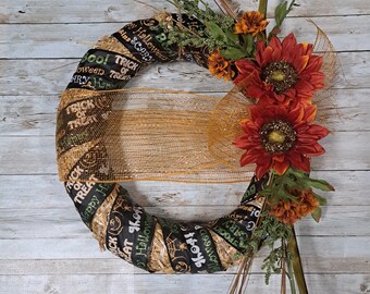 Halloween straw wreath with black trick or treat ribbon for front door, 14 inch fall orange sunflower wreath with orange mesh