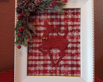 Christmas reindeer decorated picture frame, 8 x 10 white picture frame with Christmas flowers and red reindeer