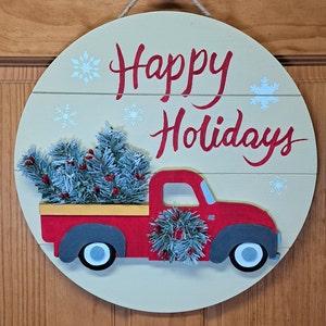 Red truck Christmas wreath, rustic red truck door hanger, farmhouse front door decor, Christmas front door wreath with Happy Holidays sign