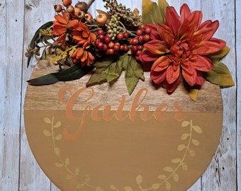 Thanksgiving sign for front door, stained and painted wood wreath for autumn, fall floral wood wall hanging wreath