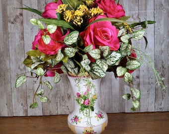 Pink rose flower arrangement, tall pink centerpiece in white vintage ceramic vase for table,  elegant spring floral arrangement