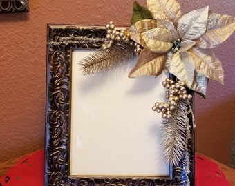 Christmas gold floral picture frame, 8 x 10 brown picture frame with gold poinsettias, Christmas decor for office or dorm room