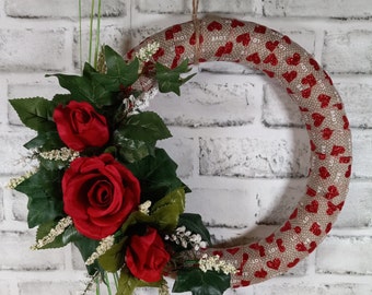 Valentine heart floral wreath, front door wreath, valentine wall decor, red heart wall hanging, Valentine gift