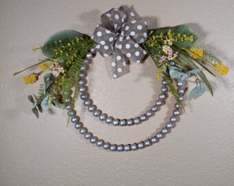 Front door wood bead wreath, pearl beaded hoop wreath, wood bead decor, front door hanging, wall hanging