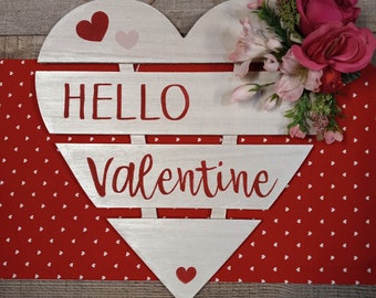 Valentine front door floral hanger, heart shaped wreath, Hello Valentine front door sign, Valentine heart shaped wall hanging