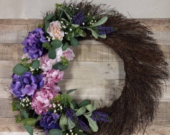 Purple and pink hydrangea wreath for front door, brown grapevine spiral wreath with purple and pink flowers, classic traditional home decor