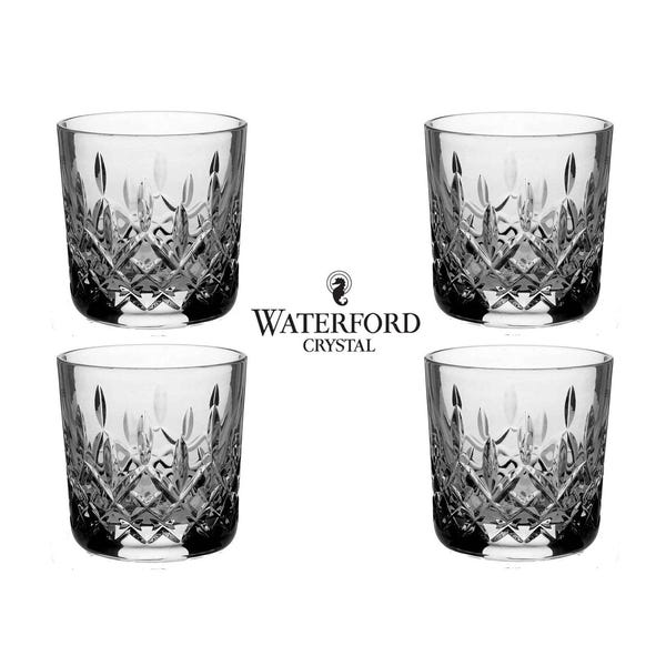 Classic Vintage Signed (Gothic Logo) Waterford Lismore Cut Crystal 3 3/8 inch 9 ounce Old Fashioned Glasses - Retired Style - Set of 4