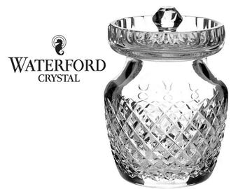 Signed (Gothic Logo) Waterford Alana Cut Crystal Jam, Jelly, Preserve, Honey, or Condiment Jar with Spoon Cut Lid - Retired
