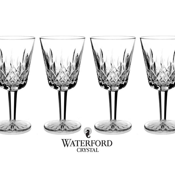 Vintage Signed (Gothic Logo) Waterford Lismore Cut Crystal 6 7/8 inch 8 ounce Water or Goblet Glasses - Set of 4