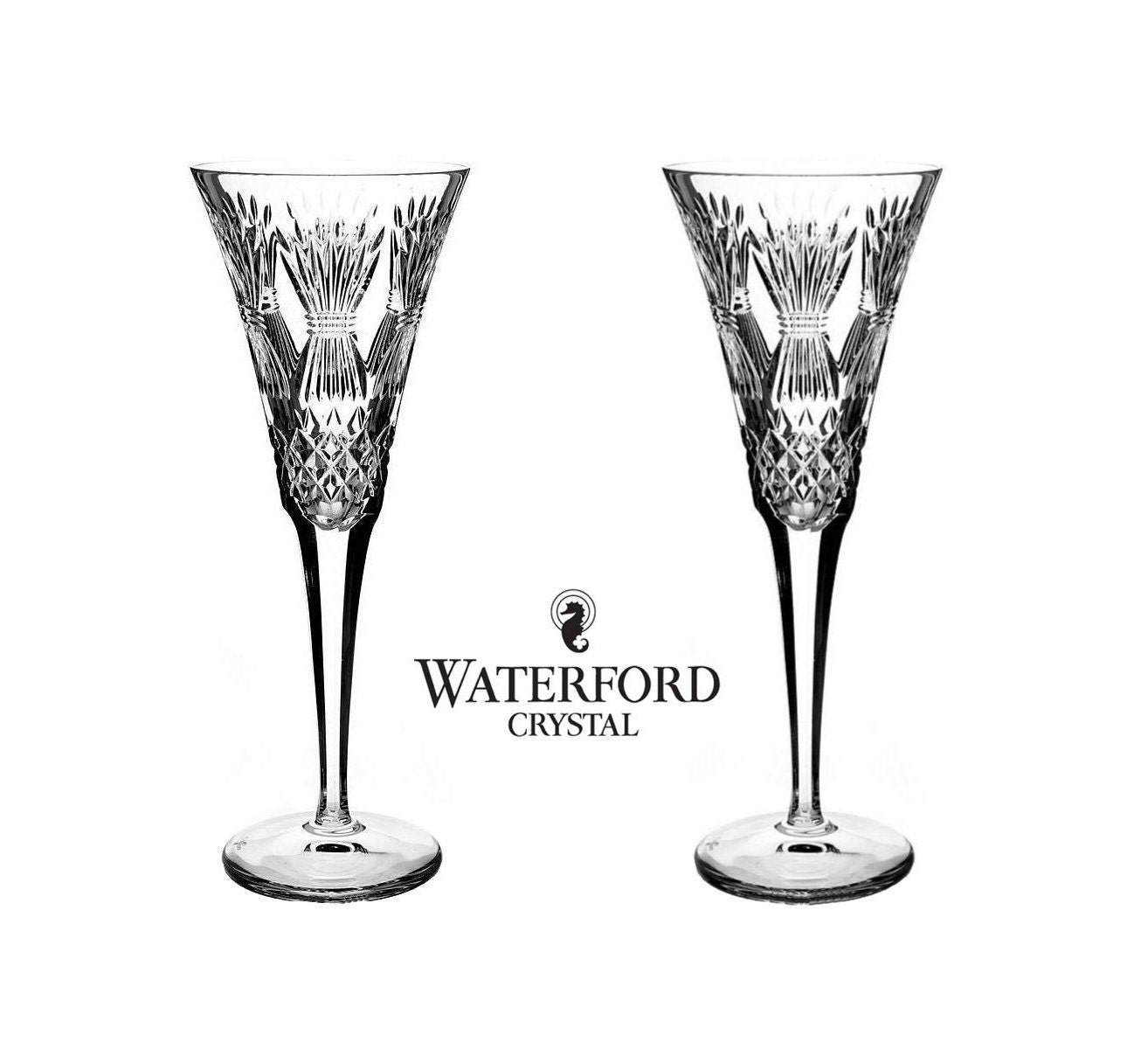 WATERFORD MILLENNIUM LOVE Cut Crystal Champagne Toasting Flutes-Signed Two 2 WATERFORD MILLENNIUM LOVE Cut Crystal Champagne Toasting Flutes-Signed Two 2