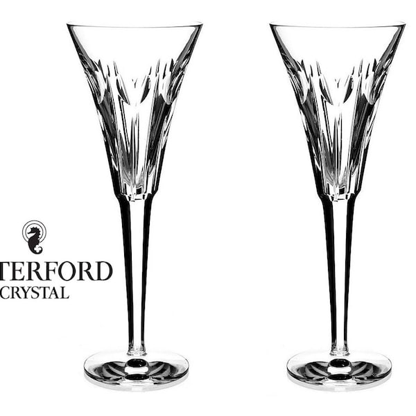 Vintage Signed (Gothic Logo) Vintage Waterford Millennium Series 9 1/4 inch Cut Crystal Toasting Flutes - Love - 1996 - Set of 2