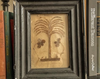 Large Antique French Memorial Hair Art with Willow and Pansies.