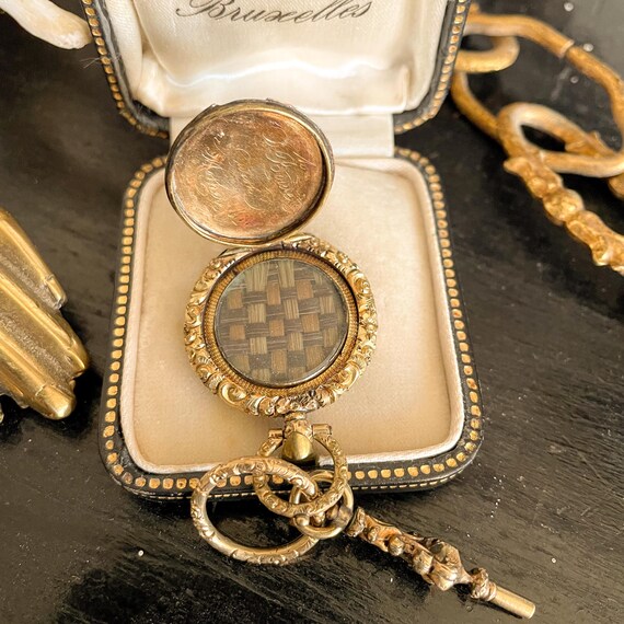 Antique 3 Color Woven Hair Work Locket Pendant, 10k Split Ring, and Watch Key