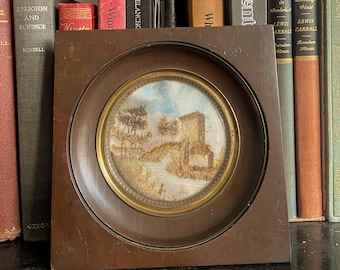 Marco de paisaje con río y puente, con trabajo de cabello antiguo