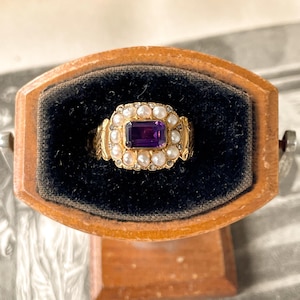 18k Seed Pearl Rose Cut Diamond Amythest Engraved Victorian Mourning Ring