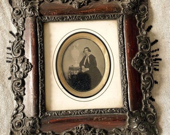 Antique Brown Framed Ambrotype with Woman Next to Vase