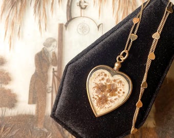 Medallón colgante de oro antiguo de 18 quilates con diseño de corazón y cabello de doble cara