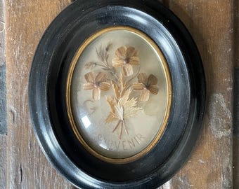 Antique French Mourning Souvenir Hair with 3 Pansies “GC” initials