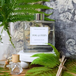May include: A clear glass diffuser bottle with a silver cap and a label that reads "FOG & FERN." The image includes a small glass car air freshener, a bundle of wooden reeds, and green fern leaves. The background features a patterned fabric and a wooden surface.