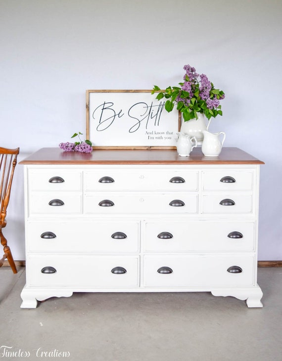 Farmhouse Style White Distressed Dresser 8 Drawer Bedroom Etsy