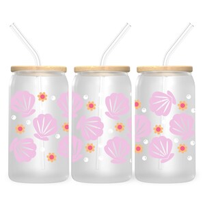 Sea Shell flowers 16 oz glass, pink, ocean,glass can cup, cute glass cup, beer can glass, iced coffee cup, gift for her, unique gift, summer