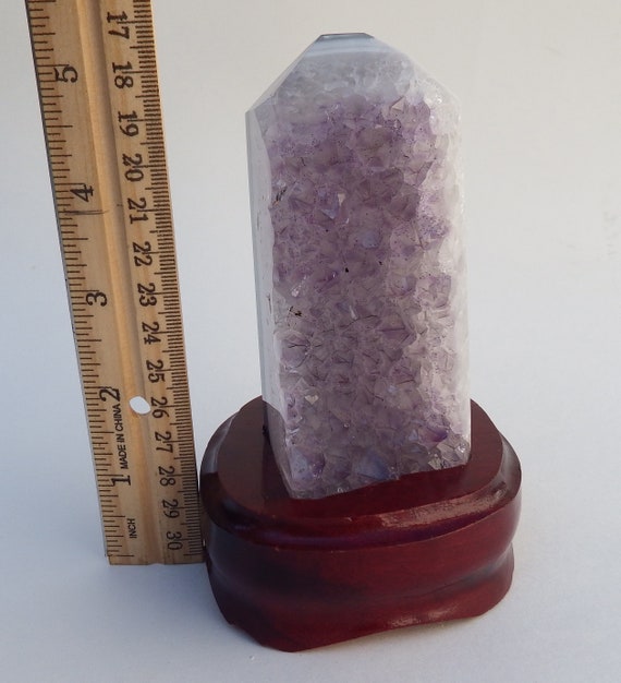 Raw Amethyst Gemstone Tower in Custom Carved Wood Stand / Stone