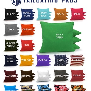 May include: A collection of 20 bean bag toss game bags in various colors and patterns. The bags are arranged in four rows of five. The colors include black, royal blue, baby blue, gold, pink, gray, orange, hunter green, red, kelly green, navy blue, yellow, purple, stars, stripes, maroon, brown, white, charcoal, scarlet, turquoise, green camo, blue camo, pink camo, and orange camo.